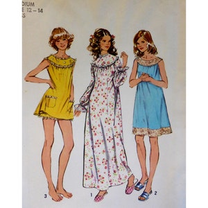 May include: A sewing pattern illustration featuring three garments: a short yellow dress with pockets and lace trim, a long-sleeved white nightgown with a pink floral print and ruffled collar, and a short blue dress with a lace-trimmed hem and neckline.