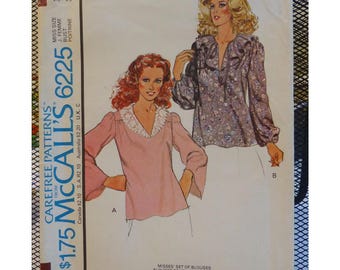 Flounce Ruffle Neck Blouse Pattern, V- neck, Long Sleeves, Elastic Wrists/ Loose, McCalls 6225 UNCUT Size 12 Bust 34"