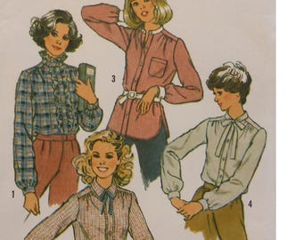Ruffle Front Blouse Pattern, Shirt, Tie/ Band/ Pointed  Collar, Long Sleeves, Cuffs, Simplicity 8738 UNCUT size 10