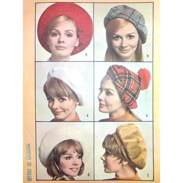 Lined Berets Pattern, Two/ Three Piece, Elastic Casing, Dart, Trim, Lined, Pompom, McCalls 9448 One Size