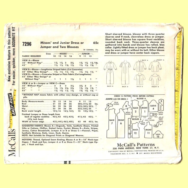 34 or Short Sleeves McCalls 7296 Size 16 14 Bust 36 60s V Neck Jumper Dress Pattern Blouse with Square Neck or Bias Roll Collar