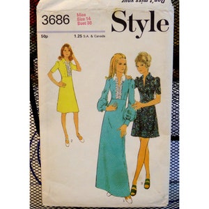 70s High Waist Dress Pattern, Front Neck Slit, Pointed Collar, Full Cap Sleeves, Maxi, Midi, Mini, Style 3686 UNCUT Size 12 Bust 34 87 cm image 2