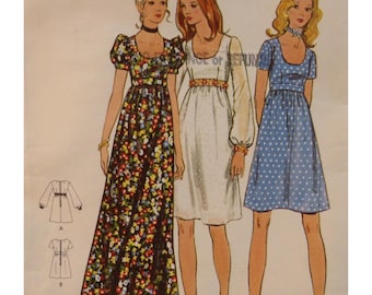 1970s Empire Waist Dress Pattern, Scoop Neck, Puff Sleeves,  Butterick 6175 Size 11  Jr Petite Bust 34"