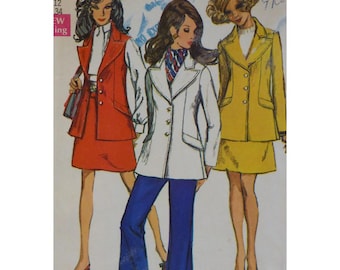 1960s Simplicity Jacket Sewing Pattern, Mini Skirt, Bell Bottom Pants, Size 12 UNCUT