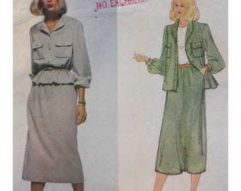 Vogue 2083 Shirt Jacket Pattern, Front Button Band, Long Sleeves, Cuffs, Patch Pockets, Straight Skirt, Bill Blass  Size 10