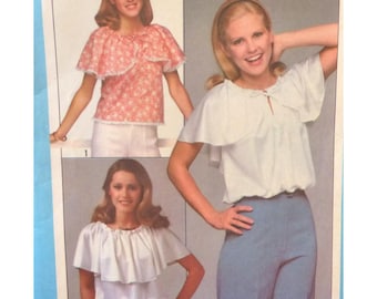 Simplicity 8422 Neck Ruffle Pullover Blouse Pattern, Sleeveless, Front Neck Tie, Waist Length or Blouson, UNCUT Size Medium 14- 16