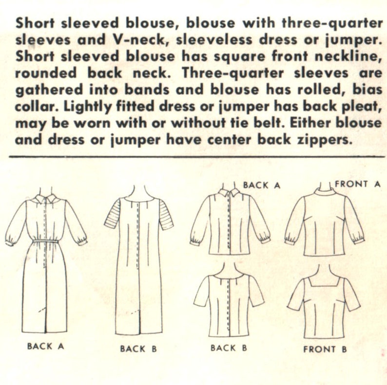 34 or Short Sleeves McCalls 7296 Size 16 14 Bust 36 60s V Neck Jumper Dress Pattern Blouse with Square Neck or Bias Roll Collar