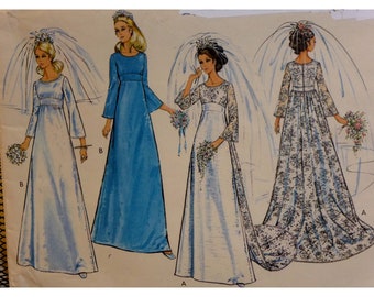 1960s Bridal Gown Pattern, High Waist, Band Inset, Flared Skirt, Scoop Neck, Bell Sleeves, Train, Lace, Style 2658 Size 10 Bust 32.5"