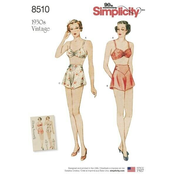 Retro 1930s Lingerie Pattern, Brassiere & Tap Pants, Wide Leg, Side Buttons, Gathered Bust, Simplicity 8510 Size 12 14 16 18 20