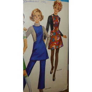 Bib Front Jumper Pattern, Collarless, Sleeveless, Patch Pockets, Mini Skirt, Straight Leg Pants, Simplicity 8395 Size 11 Bust 34&quot; 87 cm