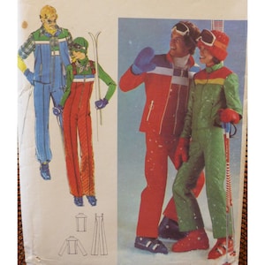Puede incluir: Patrón de traje de esquí vintage con ilustraciones de trajes de esquí coloridos. Los trajes son azules, rojos y verdes con detalles en blanco y amarillo. La imagen también incluye dibujos lineales de los diseños de los trajes.