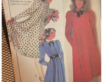 McCalls 8698 Laura Ashley Dress Pattern, Loose Fitting, Sewn Pleat Bodice, High Collar, Neck Band, Full Cap Long Sleeves, Pockets, Size 8