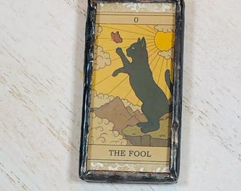 Handmade Reversible Kitty Cat Tarot Card Soldered Pendant - The Fool