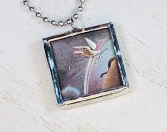 Handmade Reversible Glass and Silver Lead Free Soldered Pendant Charm Necklace - 1x1 Inch - Sunshine and Peace