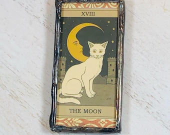 Handmade Reversible Kitty Cat Tarot Card Soldered Pendant - The Moon