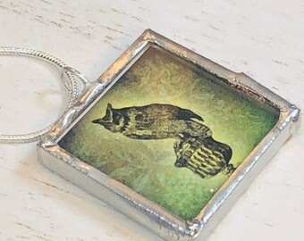 Handmade Reversible Soldered Charm Pendant   1"x1"  Perching Owl and Love Potion