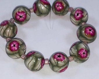 Handmade Polymer Clay Loose Beads - 11mm - Set of Ten - Pink Flowers on Green Leaves