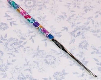 Handmade Polymer Clay Embellished Steel Crochet Hook - Susan Bates - Size 2,  2.2mm -  Inline - Colorful Tranlucents Design