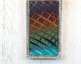 Handmade Metallic Polymer Clay and Resin Pendant - Silver Bezel Setting - Multicolored Abstract Design