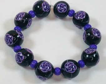Handmade Polymer Clay Beads - 10mm - Set of Ten - Purple Roses on Black and Silver Leaves