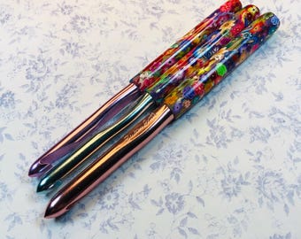 Three Piece Handmade Polymer Clay Embellished Crochet Hook Set - Susan Bates - L M N - Flowers and Butterflies