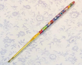 Handmade Polymer Clay Covered Boye Crochet Hook - Size C/2  2.75 mm - Flowers and Blue Butterflies