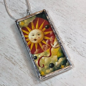 Handmade Double-Sided Glass and Silver Soldered Charm Pendant Necklace - 1"x 2" - Silvergleem Finish - Sunshine Moonshine