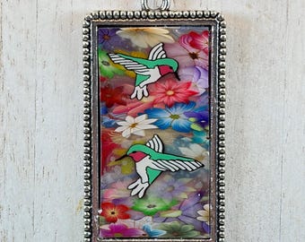 Handmade Floral and Two Hummingbirds Pendant - Polymer Clay and Resin - Silver Bezel