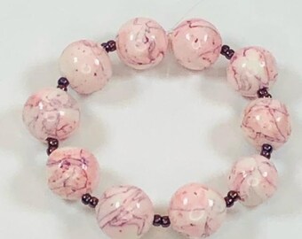 Handmade Polymer Clay Beads - 10mm - Set of Ten - Marbled Burgundy and White