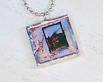 Handmade Reversible Glass and Silver Lead Free Soldered Pendant Necklace - 1x1 Inch - Led Zeppelin IV - Studio Album