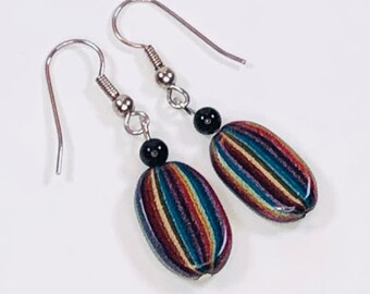 Handmade Earrings with Metallic Striped Pod Shaped Polymer Clay Beads