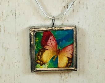 Handmade Reversible Soldered Charm Pendant Necklace - 1"x 1" - Pretty Butterflies