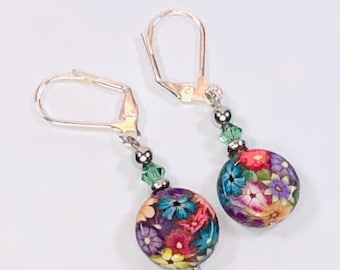 Handmade Polymer Clay Millefiori Earrings with Austrian Crystals