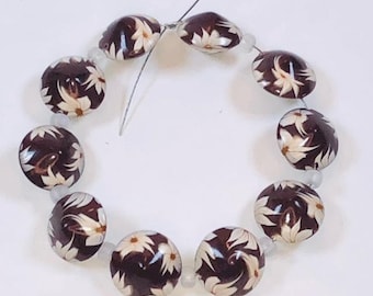 Handmade Polymer Clay Swirled Lentil Beads - Chocolate with White Flowers - 14mm - Set of Ten