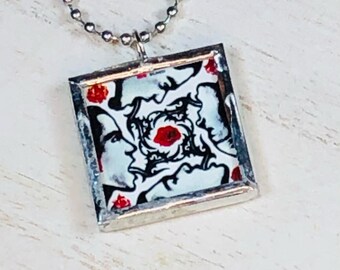 Handmade Reversible Glass and Silver Lead Free Soldered Pendant Necklace - 1x1 Inch - Red Hot Chili Peppers - Blood Sugar Sex Magik