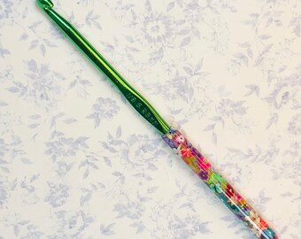 Handmade Polymer Clay Covered Boye Crochet Hook - Size I/9 5.25mm - Flowers and Green Butterflies