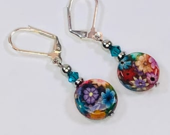 Handmade Polymer Clay Millefiori Earrings with Austrian Crystals