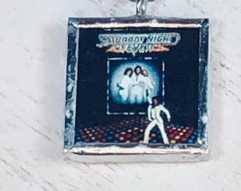 Handmade Reversible Glass and Silver Lead Free Soldered Pendant Necklace - 1x1 Inch - Saturday Night Fever - Movie Soundtrack