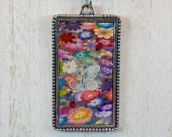 Handmade Floral Translucent Butterfly and Ladybug Pendant - Polymer Clay and Resin - Silver Bezel