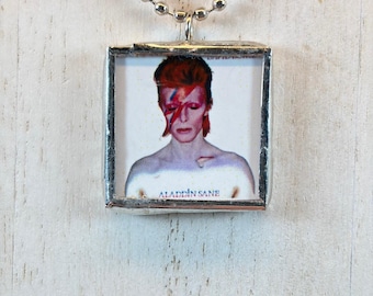 Handmade Reversible Glass and Silver Lead Free Soldered Pendant Necklace - 1x1 Inch - David Bowie - Aladdin Sane Studio Album