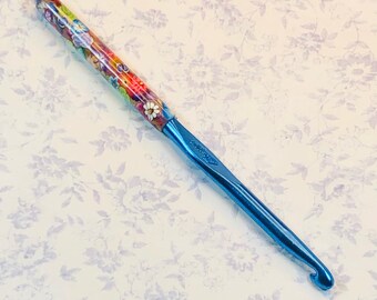 Handmade Polymer Clay Covered BOYE Crochet Hook - Size K/10.5  6.50 mm - Flowers and Blue Butterflies