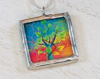 Handmade Reversible Glass and Silver Soldered Charm Pendant Necklace - 1x 1 - Colorful Trees