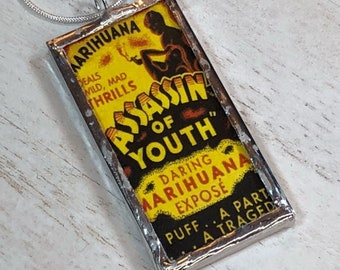 Handmade Double-Sided Glass and Silver Soldered Charm Pendant Necklace - 1"x 2" - Assassin of Youth