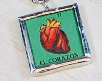 Handmade Reversible Glass and Silver Lead Free Soldered Pendant Necklace - 1x1 Inch - El Corazon