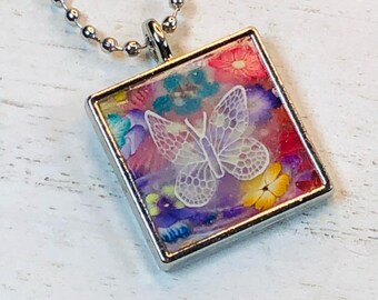 Handmade Polymer Clay and Resin Floral Translucent Butterfly Pendant - Silver Bezel Mounting