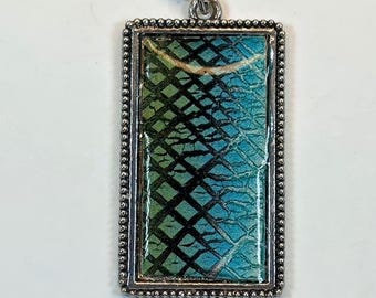Handmade Metallic Polymer Clay and Resin Rectangular Pendant - Silver Bezel Setting