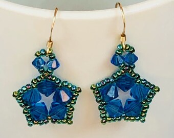 Handwoven Star Shaped Blue and Green Beaded Earrings - Gold Plated Earwires