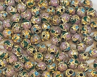 Vintage Enamel Cloisonné Gold Flower Round Bead 6mm - Set of Four