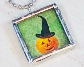 Handmade Reversible Glass and Silver Lead Free Soldered Pendant Charm Halloween Necklace - 1x1 Inch - Hello Pumpkin