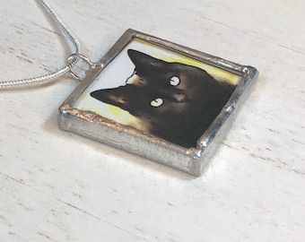 Handmade Double Sided Silver Soldered Pendant   1"x1"  Black Kitties